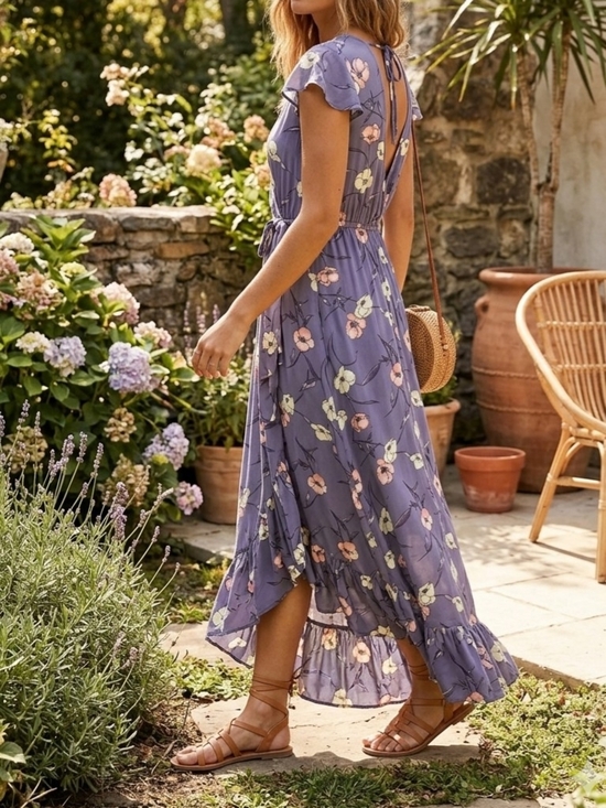 B.O.G. Collective Dresses & Skirts - ​B·O·G Collective Floral Wrap Maxi Dress Size S Lavender Purple High-Low Ruffle